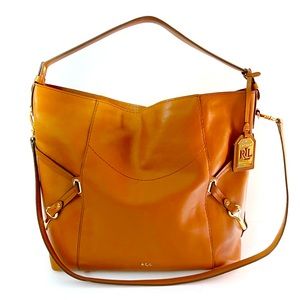 Ralph Lauren Caramel Brown Leather Large Tote Handbag Purse